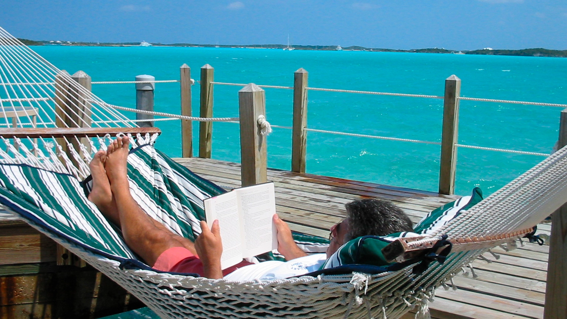 Reading in a hammock overlooking Exuma’s turquoise water